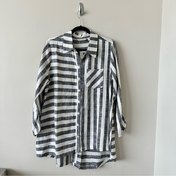 𝅺soft Surroundings Camina Gray Stripe Print Linen Blend Button Down Size:Large - Picture 2 of 11